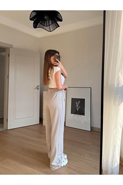 BAŞARAN Linen Elastic Palazzo Gray Pants