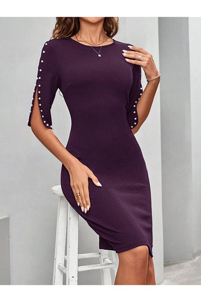 UniqueStore.ro Elegant Dress With Fitted Cut And Frenda Violet Appliques