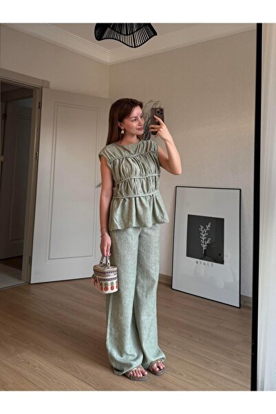 BAŞARAN Green Linen Fabric Set