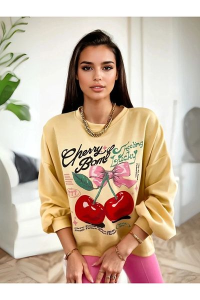 UniqueStore.ro Cherry Bomb oversized blouse with cherry print - Yellow, One size