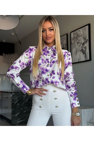 UniqueStore.ro Cămașă albă elegantă cu imprimeu floral violet și nasturi aurii