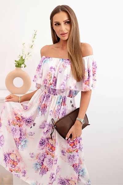 UniqueStore.ro White Midi Dress With Bare Shoulders And Purple Floral Print - One Size