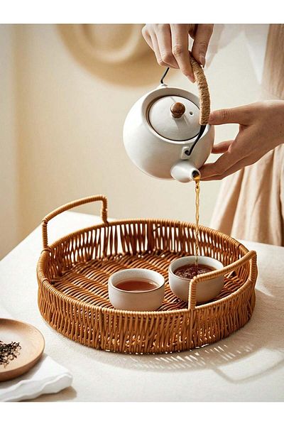 Cozy Nest 3PCS Hand-Woven Round Rattan Serving Tray with Handles Rustic Basket for Bread Coffee & Dining