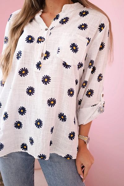UniqueStore.ro Casual white cotton shirt with floral pattern - Unique