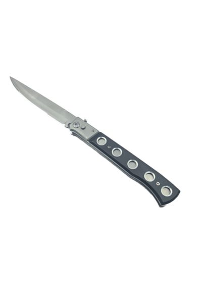dalimag Cuțit cu deschidere automată, model cu 5 găuri, oțel, teacă textilă, clemă pentru curea, 32 cm, negru