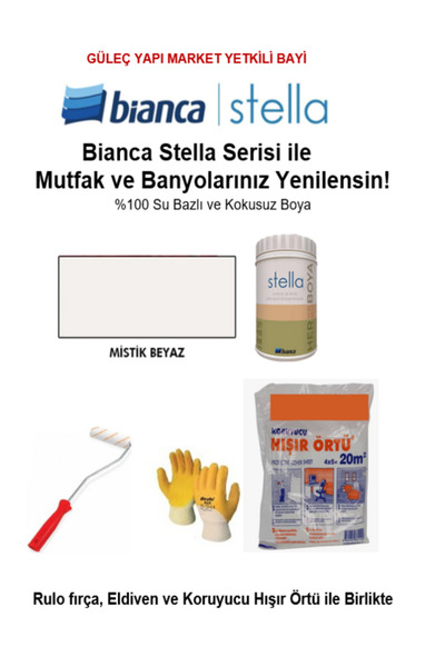 Bianca Stella Su Bazlı Saf Akrilik Boya (1 litre Boya+ Rulo fırça, Hışır Örtü ve Eldiven ile birlikte