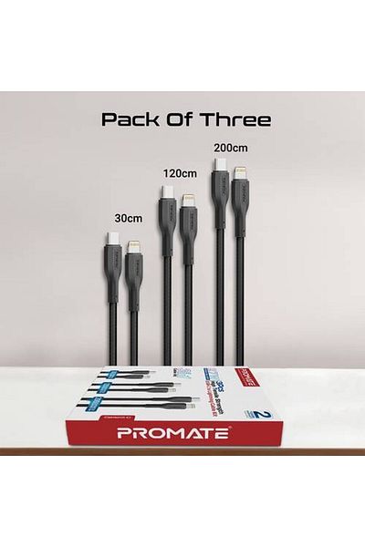 Promate 27W USB-C™ to Lightning Triple Cable Set, Multiple Lengths (0.3m, 1.2m, and 2m),