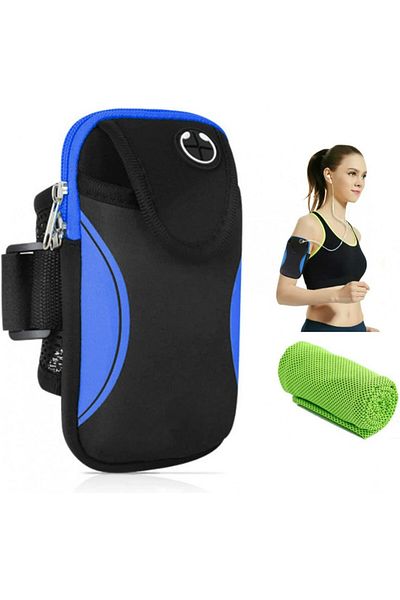MOLIWEN geantă sport pentru braț, textil, negru/albastru, 9,5 x 18 x 2 cm