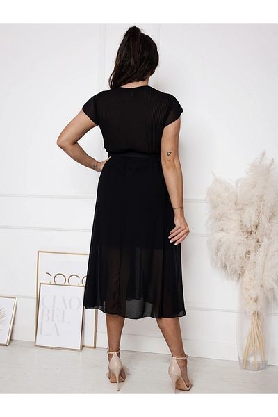 UniqueStore.ro Black Midi Dress With Wrap Neckline And Waist Belt - One Size