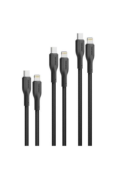 Promate 27W USB-C™ to Lightning Triple Cable Set, Multiple Lengths (0.3m, 1.2m, and 2m),