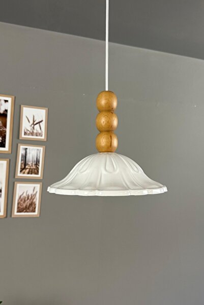 Bamyum Ralivo Beyaz Metal Avize Tekli Ahşap Üç Boncuk Başlık Mutfak Modern Dekoratif Sarkıt Aydınlatma