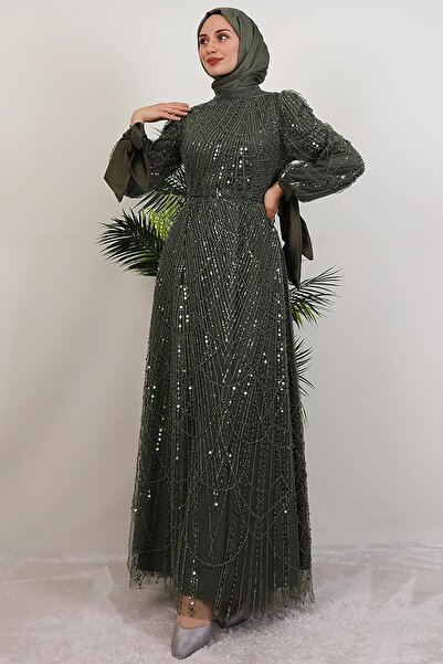 GİYZAMİLA Βραδινό Σατέν Φόρεμα Χακί