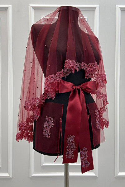 ZEYMERADE Burgundy Bridal Veil Set, Glass Beads and Pearls, Henna Night Veil ...