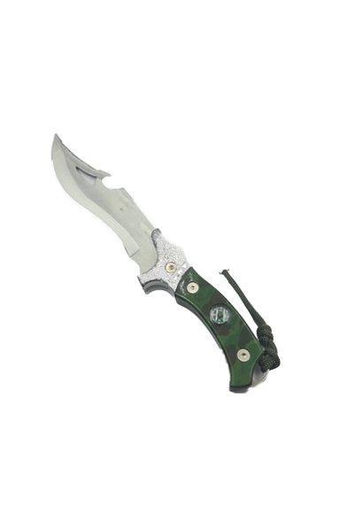 dalimag Cuțit de vânătoare cu busolă, lamă zimțată, deschizător, șnur, teacă, oțel, 31 cm, verde