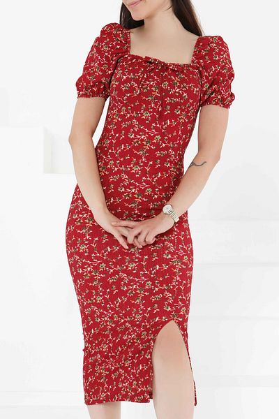 TOFİSA Princess Sleeve Slit Dress Burgundy - 27393