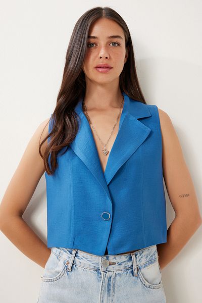 Lovelyİstanbul Shawl Collar Crop Linen Vest