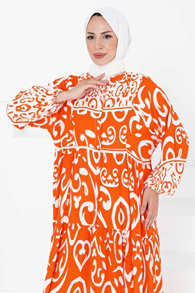 TOFİSA Desenli Düğmeli Elbise Oranj - 27428
