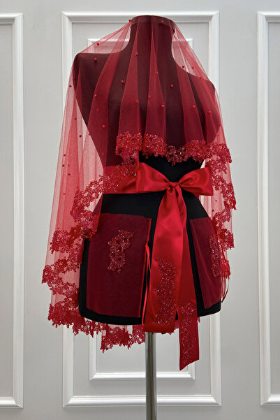 ZEYMERADE طقم حجاب زفاف أحمر مع خرز زجاجي ولؤلؤ، طقم حجاب ليلي حناء 6 قطع