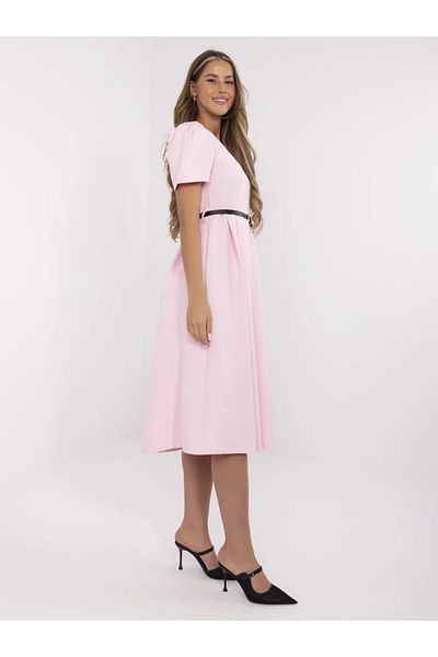 UniqueStore.ro Powder Pink Midi Dress With Short Sleeves And Waist Belt - One Size