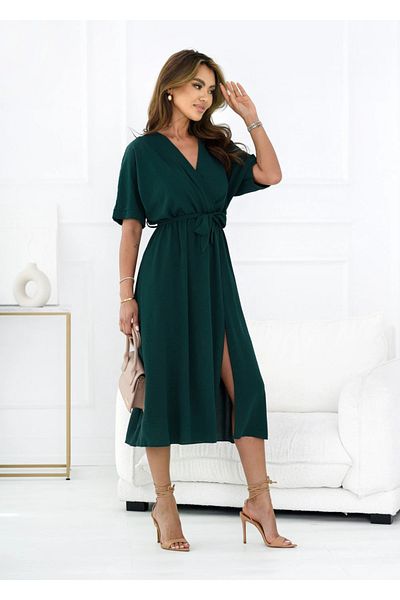 UniqueStore.ro Emerald Green Midi Dress With Wrap Neckline And Side Slit - One Size