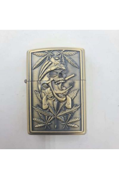 dalimag Gasoline Lighter, Cannabis with Skull 3D Relief, Refillable, Metallic, Gold,