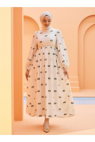 SAHRA BUTİK Flower Patterned Tettured Dress - Cream - Green - Sahra Butique