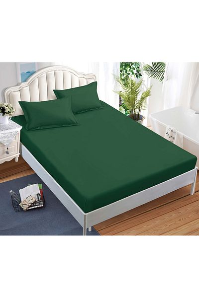 CHIRASO CHIRASO Bed Cover Set, FINE Cotton, with ELASTIC, 180x200cm and 2 Pillowcases 52x80cm, dark green