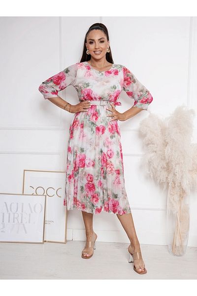 UniqueStore.ro Midi Dress In Pastel Shades With Floral Print And Pleats - One Size