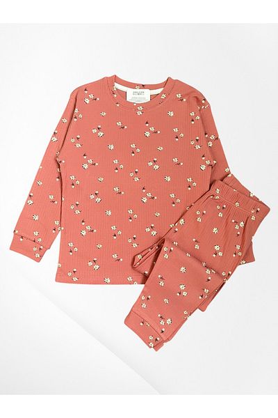 Pajama Shop Girls' 100% Cotton Fabric Brick Color Ribbed Flower Pattern Long Sleeve Winter Pajamas Set