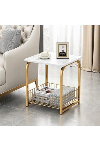 AGD Luxury Faux Marble Coffee Table with Gold Frame Double Layer Multipurpose Side Table Snack Drink