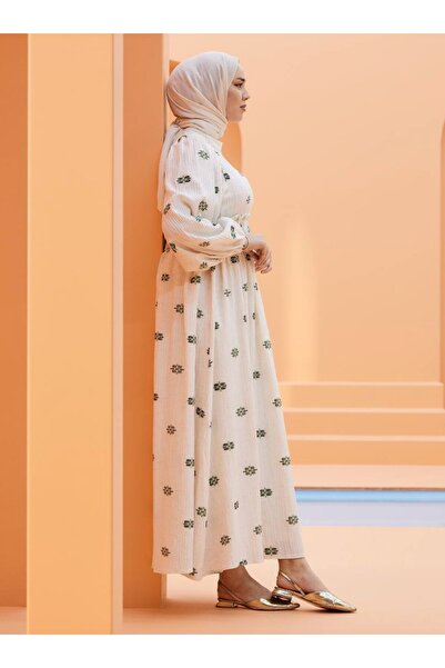 SAHRA BUTİK Flower Patterned Tettured Dress - Cream - Green - Sahra Butique