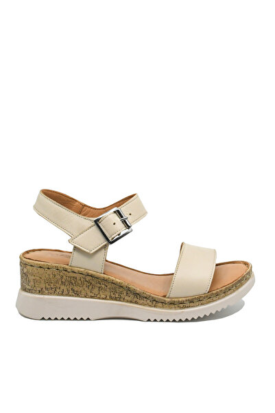 Anna Viotti beige women's sandals made of genuine leather with cork wedge sole
