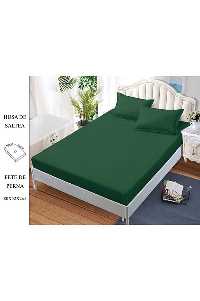 CHIRASO CHIRASO Bed Cover Set, FINE Cotton, with ELASTIC, 180x200cm and 2 Pillowcases 52x80cm, dark green