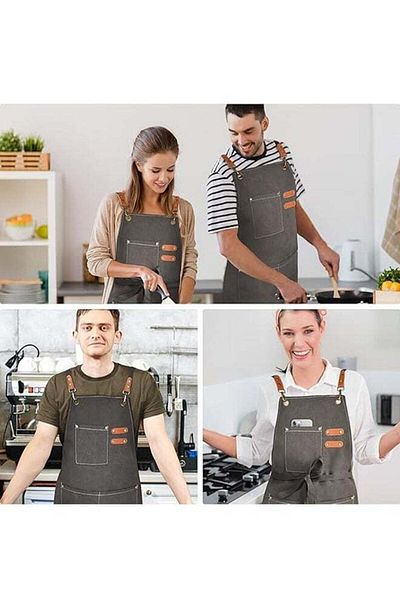 Saharaz Chef Waiter Grey Apron Kitchen Apron,Large Pockets, Adjustable Straps,Water Resistant Apron