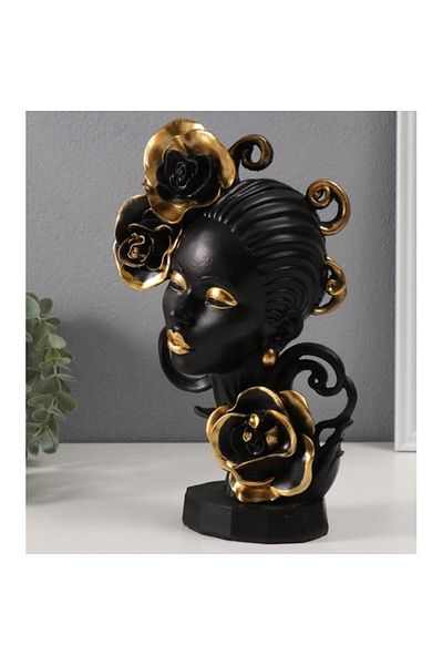 BLA BLA FOAM Decorative Statuette, Bla Bla Foam, African Style, with Flowers, black-gold 27 cm