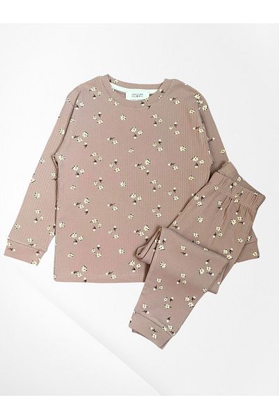 Pajama Shop Girls' 100% Cotton Fabric Lilac Color Ribbed Flower Patterned Long Sleeve Winter Pajama Set