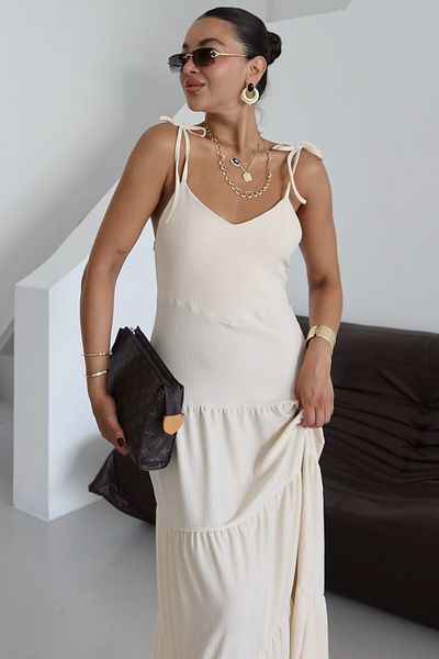 MODAGEN Γυναικείο μπεζ λουράκι με λεπτομέρεια Maxi Size Crinkle φόρεμα
