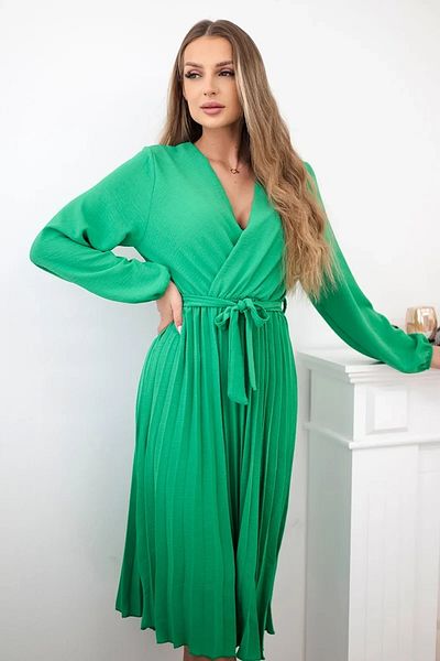 UniqueStore.ro Green Pleated Midi Dress With Drawstring Waist - One Size