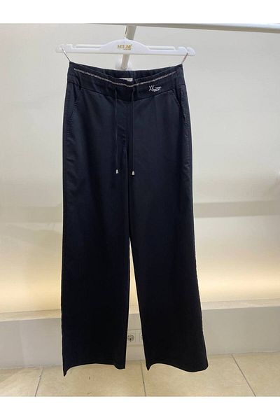 EXİTLİNE Women's Summer Straight Waist Stone Printed Drawstring Black Pants