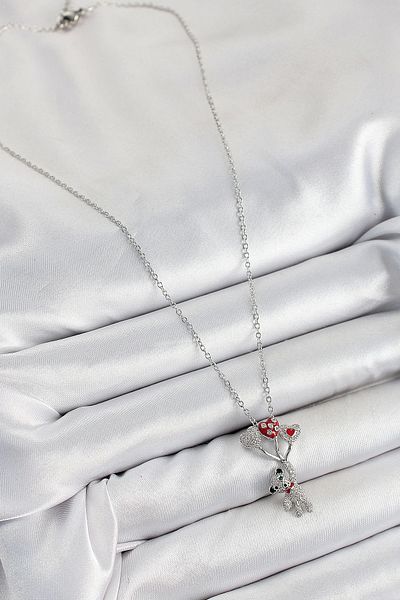 Clariss 316L Steel Zircon Stone Flying Balloon Teddy Bear Model Silver Color Women's Necklace