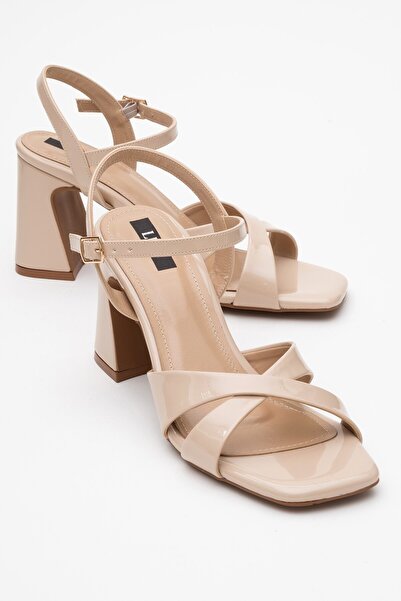 Lizy Shoes Beige Patent Leather - Women's Heeled Sandals with Cross Straps