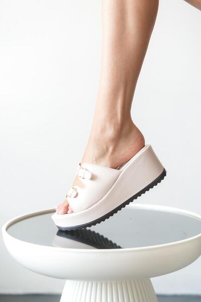 Lizzu Women's Double Buckle Wedge Sole Slippers Dolia Beige