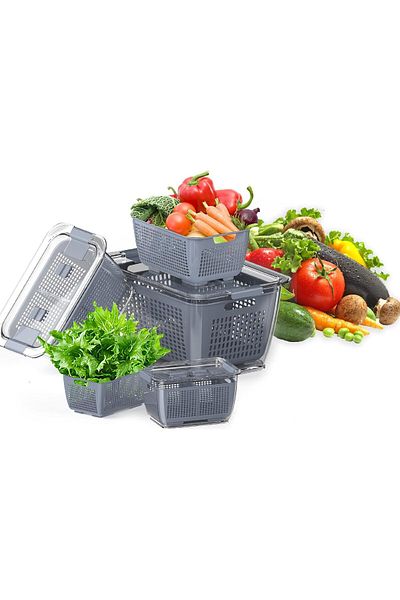 Saharaz Refrigerator Organizer, with Lids and Drain Basket, Reusable Freezer Food Storage Boxes ,Grey