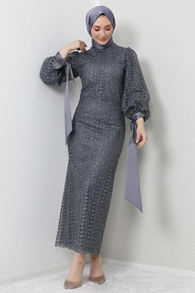 GİYZAMİLA İnci Tesettür Abiye Koyu Gri
