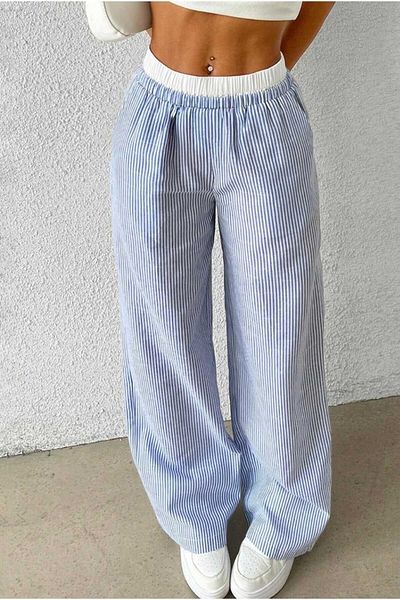 The Champ Clothing Pantaloni țesuți din poplin cu dungi albastre de damă – Model casual cu talie înaltă elastică cu picioare largi