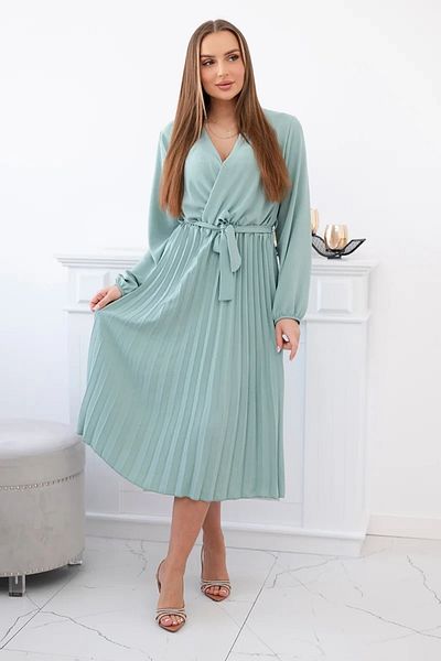 UniqueStore.ro Rochie midi plisată verde mentă cu șnur în talie - Mărime universală
