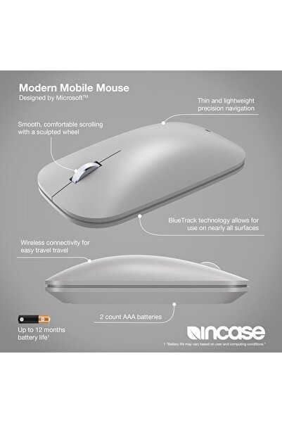İncase ماوس محمول حديث - مصمم بواسطة مايكروسوفت - خفيف الوزن، يتميز بدقة التنقل، يمين/يسار