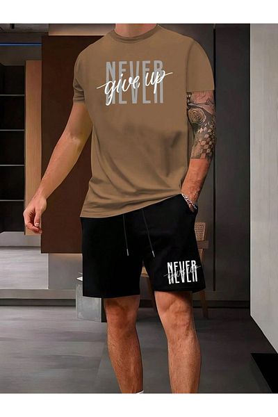 LUNAVISTA Men's summer casual short sleeve o neck letter Printed t-shirt and shorts set