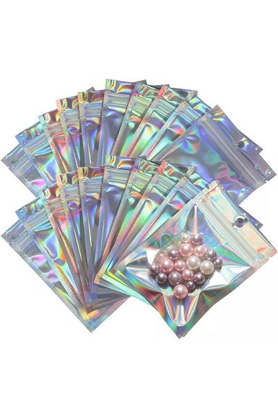 fulina 100PCS Resealable Storage Bags,Ziplock Food Storage Bags,Holographic Packaging Bags(10.5 * 15cm)