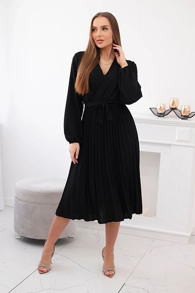 UniqueStore.ro Black Pleated Midi Dress With Drawstring Waist - One Size